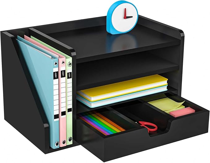 Multi-Tier Wood Desk File Organizer, 3 Tray Shelves & Adjustable Drawer - Space-Efficient Design for Efficient Office Setup, Reduces Desk Clutter (Black)