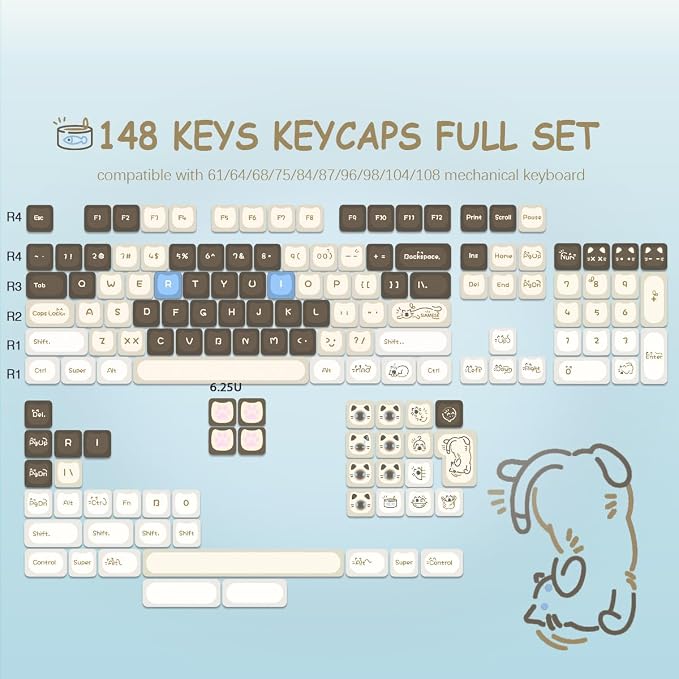 Sunzit Cute Cat Keycaps-Mao Profile,148 Keys Brown Siamese Cat Custom Keycaps 60 65 75 100 Percent,Cute Key caps Keyboard Keycap Set for MX Switches Mechanical Keyboard