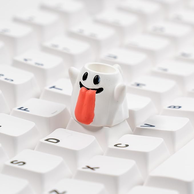Ghost Artisan Keycap, White with Red Accent, Resin Material, 1U Size, MX Switch Compatible, Novelty Design for Mechanical Gaming Keyboards