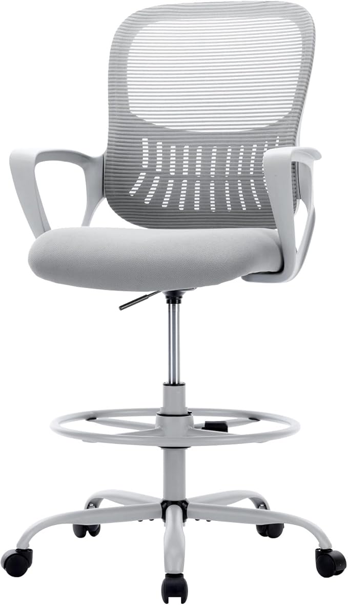 Sweetcrispy Tall Drafting Desk Chair - Ergonomic High Stool Computer with Adjustable Height and Comfy Lumbar Support, Office Rolling Counter with Flixed Arms and Footrest, Grey