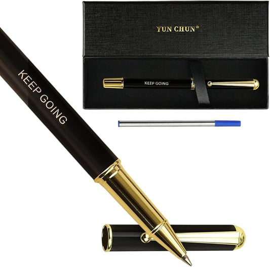 YUNCHUN Luxury Inspirational Rollerball Pen Set Gifts for Women & Men, Metal Pens with Motivational Words, Smooth Black Ink Medium Point, Elegant Executive Gift Pens with Extra Blue Refill, Black