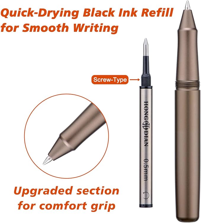HONG DIAN M2 Black Forest Mini Rollerball Pen, Fine Point 0.5mm, Sleek Aluminium Pocket Pen with Black Ink Refill, Ideal for Travel & Signature (Caramel Brown)