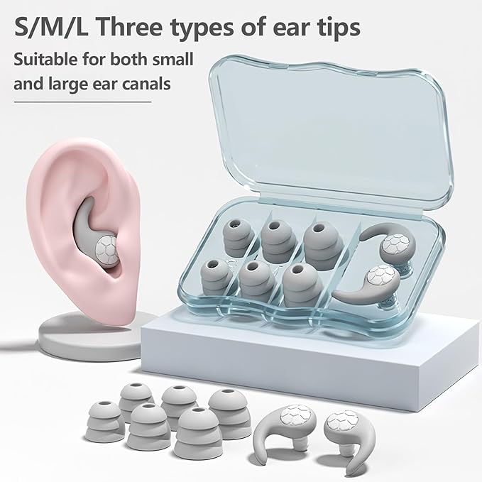 Noise Cancelling Ear Plugs for Sleeping - Grey Comfortable Reusable Silicone Earplugs for Sleep 24dB Noise Reduction Snoring and Studying Travel Concerts Hearing Protection with 3Tips and Storage Box