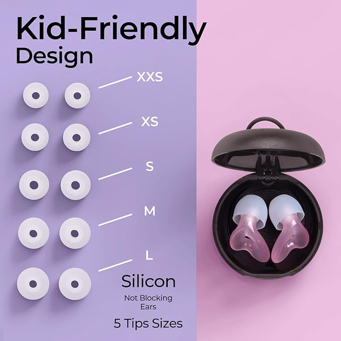 Kids Ear Plugs (6-12 yrs) - Reusable Noise Cancelling Ear Protection with 5 Ear Tip Sizes (XXS - L) for School, Sports, Playground - 23dB Noise Reduction for Focus and Comfort