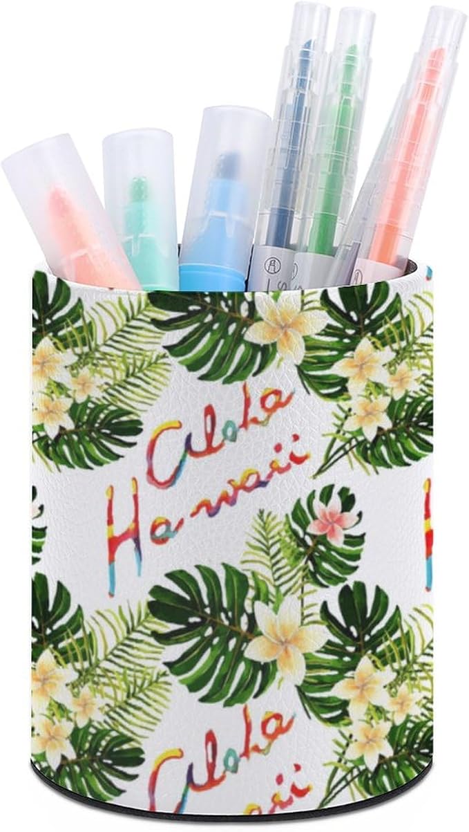 Palm Leaves Pen Holder for Desk PU Pencil Cup Organizer | Round Desks Makeup Brush Holder for School Multifunctional Office Supplies
