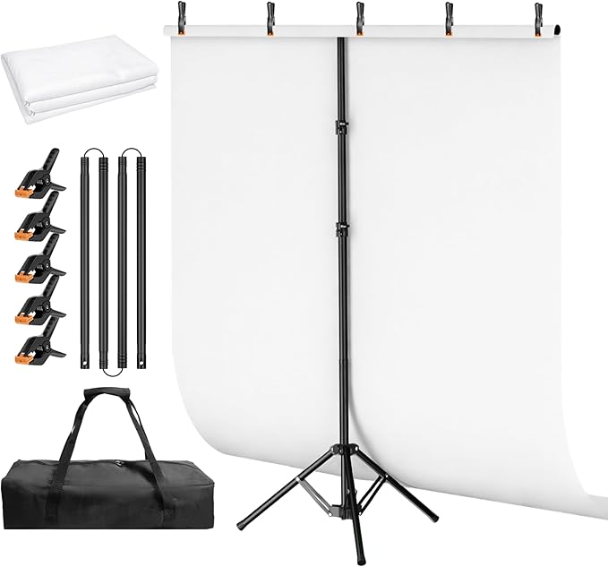 White Backdrop Stand Kit 5x6.5ft with T-Shaped Stand, White Screen Background with Reverse Folding Base Portable Carrying Bag and 5 Clamps for Photography Streaming, Gaming, Video Recording