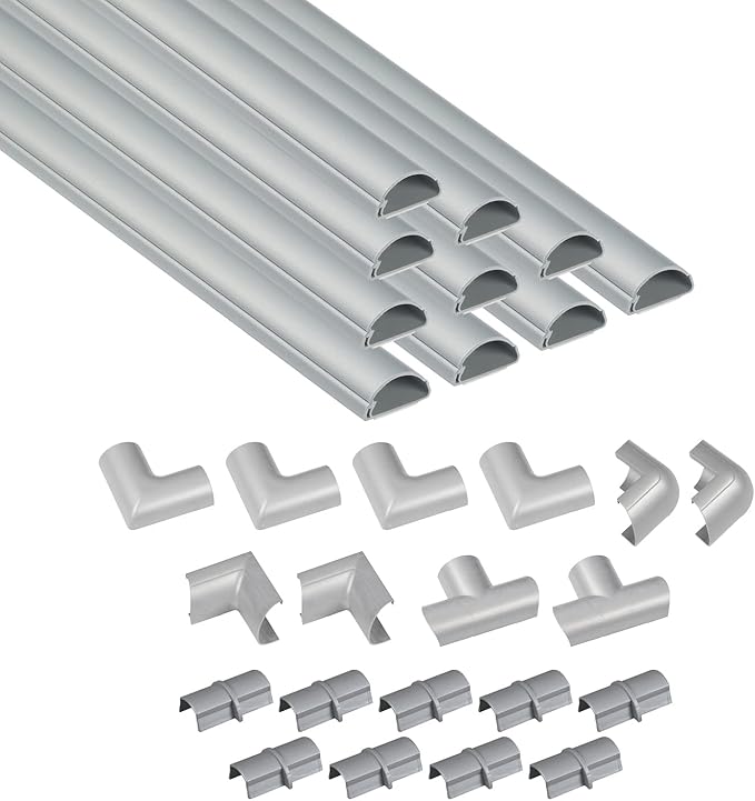 D-Line 157in Cord Cover Kit, Self-Adhesive Wire Hiders, Cable Raceway to Hide Wires on Wall, Electrical Cable Management - 10x 15.7 Lengths & 19 Accessories - 1.18" (W) x 0.59" (H) - Gray