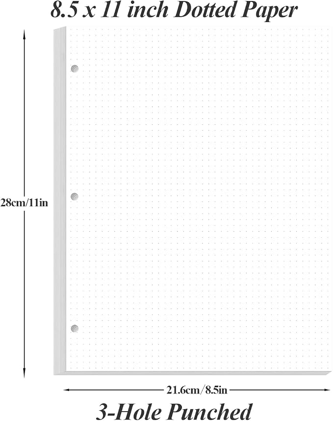 (3-Pack) 3-Hole Dotted Paper Refills, Letter Size Dot Grid Loose-Leaf Paper, 300Sheets/600Pages, 100gsm White Paper, 8.5'' x 11''