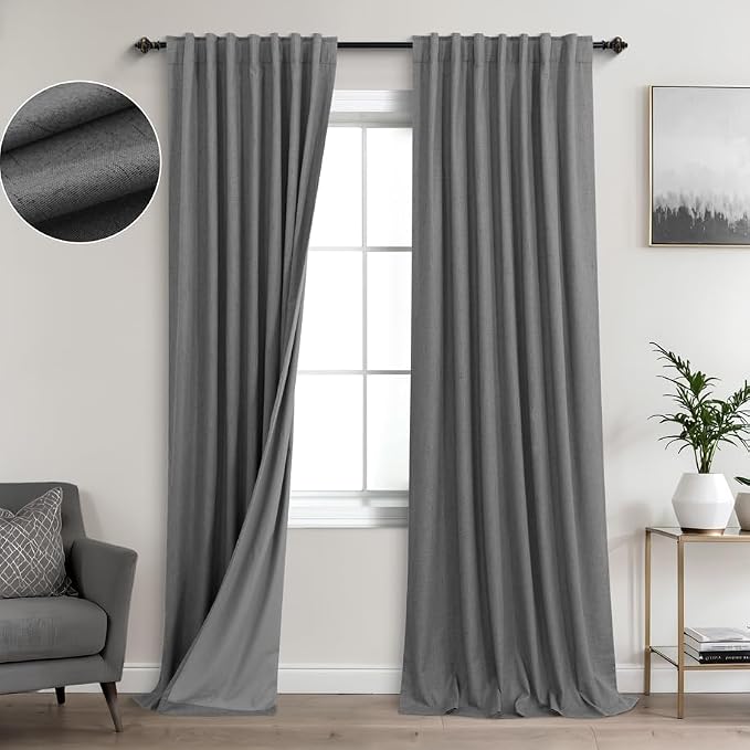 KOUFALL Grey Blackout Curtains 86 Inches Long for Bedroom,Linen Back Tab 100% Black Out Drapes for Living Room