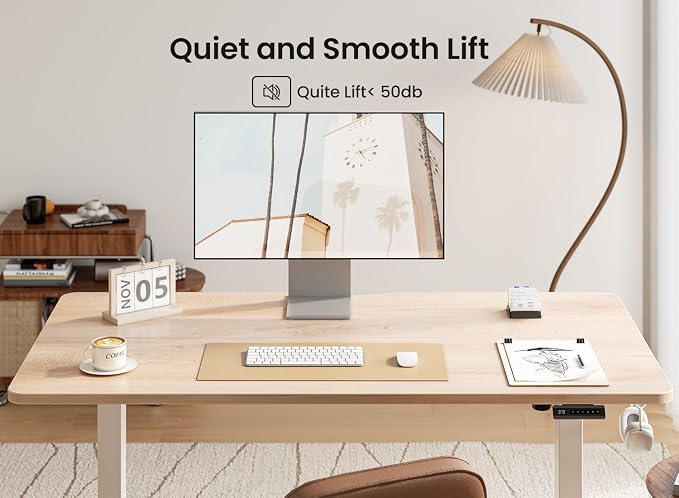 BANTI 40 × 24 Inches Standing Desk, Ergonomic, Electric Height Adjustable, Sit and Stand Up, Computer Office Desk with Splice Board, White Frame/Maple Top