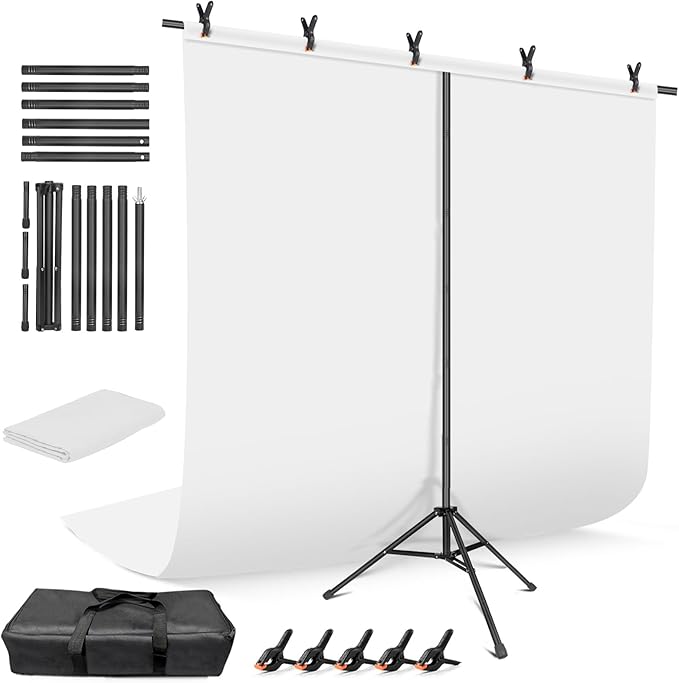 White Backdrop with Stand, 6.5x8.2 ft White Photo Backdrop Curtain with 7.5x7.9 ft Background Stand, Portable Back Drop Support Kit with Carrying Bag, 5 Strong Spring Clamps