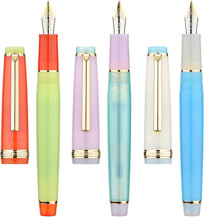 3 Jinhao 82 Fountain Pen Transparent Mixed Macaron Color Acrylic Extra Fine Point Gold Trim with Converter Set