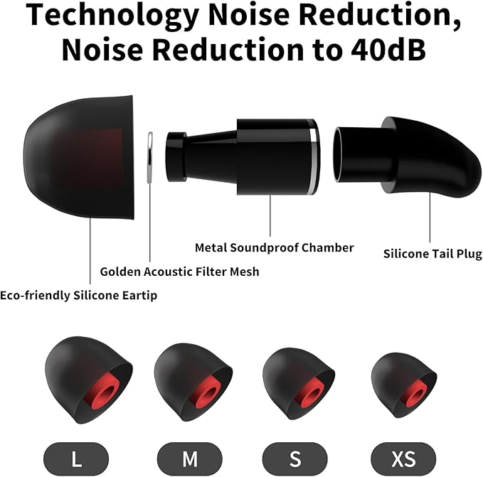 EarPlugs for Sleeping Noise Cancelling, Reusable Silicone Ear Plugs, Noise Reduction Earbuds for Travel, Concerts, Deep Focus, Hearing Protection Headphones, 85% 40dB Noise Reduction (Black)
