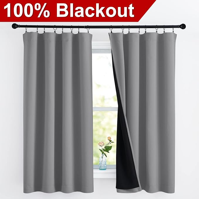 NICETOWN 100% Blackout Curtains 63 inches Long, Soft Thermal Insulated Rod Pocket 2-Layer Lined Drapes, Energy Efficiency Window Draperies for Bedroom (Silver Grey, 2 Panels, 52-inch W)