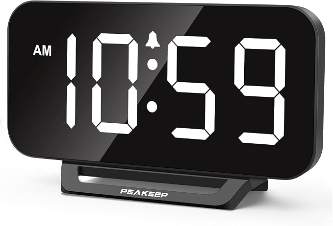 Peakeep Small Digital Alarm Clock for Bedrooms, Loud for Heavy Sleepers | Dimmable Plug in Electric Large Numbers Clock Battery Backup, Slim Clock for Table Office Modern Living Room (BW)