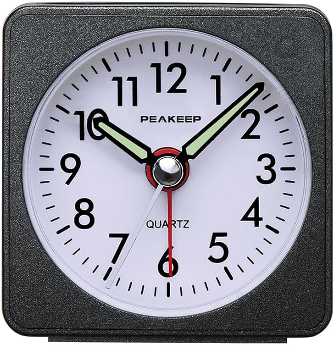 Peakeep Ultra Small, Battery Travel Alarm Clock with Snooze and Light | Silent No Ticking Analog Quartz Clock (Black)