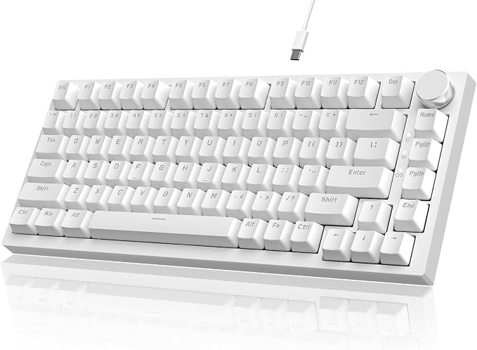 Attack Shark ajazz AK820 Wired Mechanical Gaming Keyboard with Volume Knob Hot Swappable 75% Gasket Keyboard 5-Layer Noise Absorbing Foam PBT Keycap Ice Blue Backlit Blue Switch for PC/Win/Mac-White