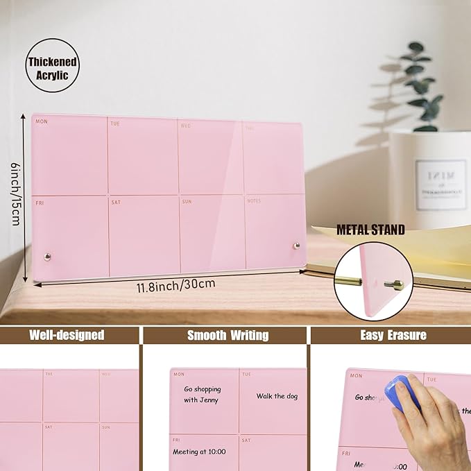 Desktop Acrylic Weekly Planner Whiteboard with Stand,12"X6"-Small,Dry Erase Weekly Planner for Desk,Acrylic Desk Calendar Dry Erase,Pink Dry Erase Board for Office Home School-ZMZL-P-1530