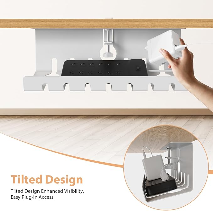 Syeeiex Under Desk Cable Management Tray, Cord Management, White, 17inch | No-Drill C-Clamp and Screw Mount, Metal Desk Wire Organizer for Office Home Workspace, Cord Organizer with 10 Cable Ties