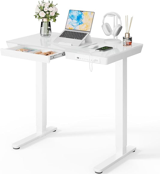 Marsail Glass Standing Desk, 35 x 20 Inch Small Sit Stand Desk | Sit Stand Design, Storage Drawer, One-piece tempered glass top, Compact Home Office Desk,Steady, easy to clean