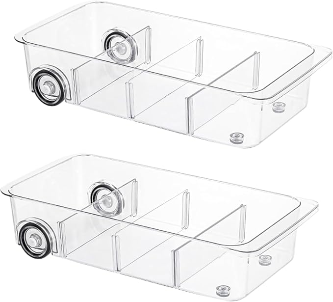 Fridge Organizer and Storage Drawer Roll Out Refrigerator Bins,2 Pack | Silicone Wheels,3 Pack Adjustable Dividers ,Easy to Clean for Pantry Storage Bins, Kitchen Organization