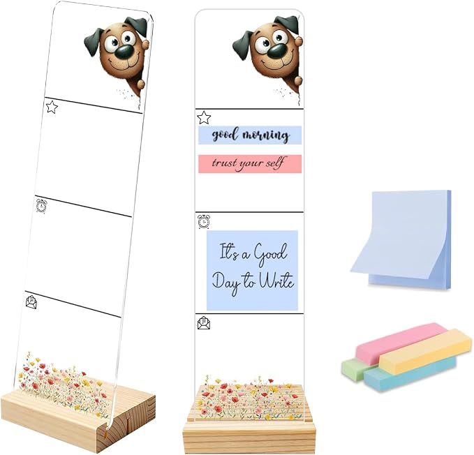Sticky Note Holder, Monitor Memo Board, Acrylic Post It Note Holder with Wooden Base, Includes 200 Notes, Desk Organizer for Office, Cute Dog Design