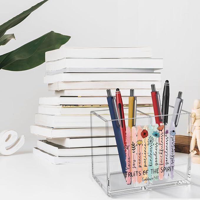Inspirational Christian Floral Acrylic Cosmetic Pencil Pen Holder Cup Religious Gifts for Women Fruits of The Spirit Bible Verses Christian Decor for Home Office Desk Vanity Organizers and Accessories