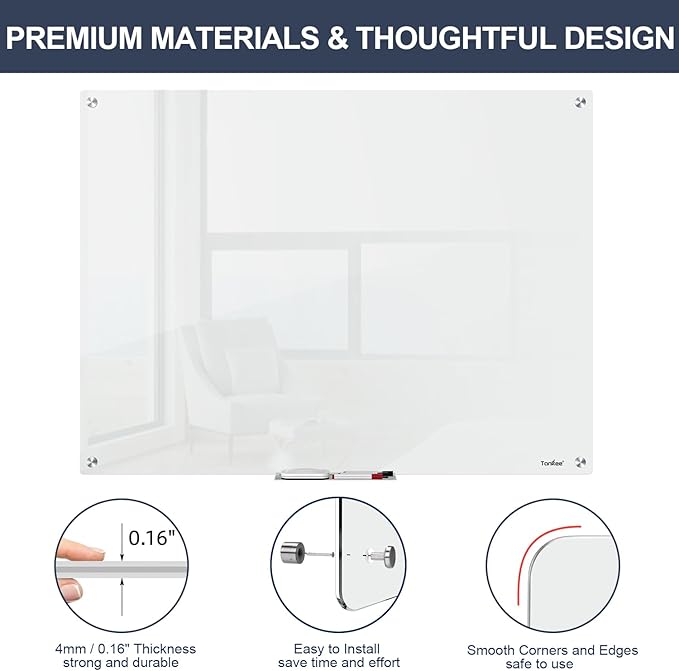 TANKEE Glass Whiteboard, 48 x 36 Inches Magnetic Glass Dry Erase Board for Wall, Large Frameless White Board for Office School Home Classroom