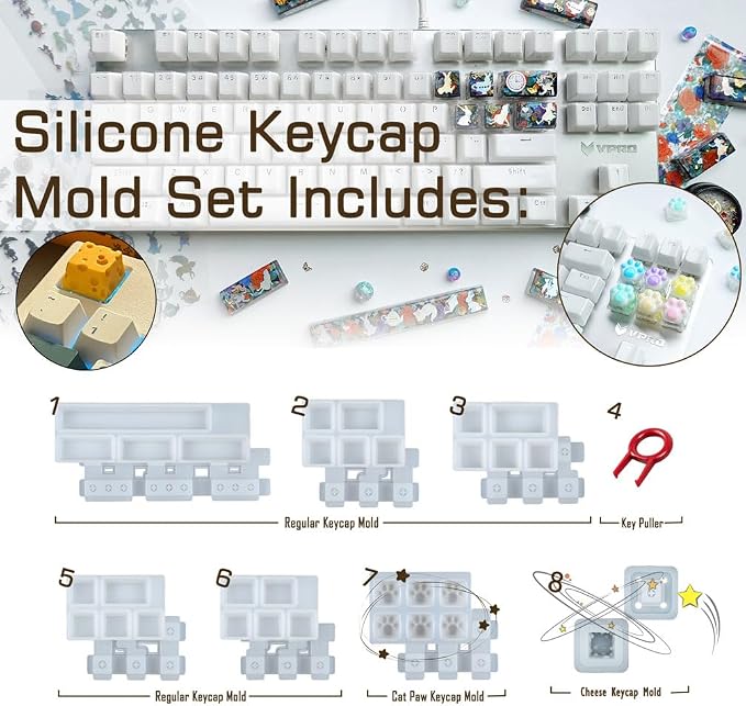 Keycaps Epoxy Resin Casting Mold Set for Mechanical Gaming Keyboard 7 Trays | Polymer Clay Crafts Silicone Mould with Key Puller