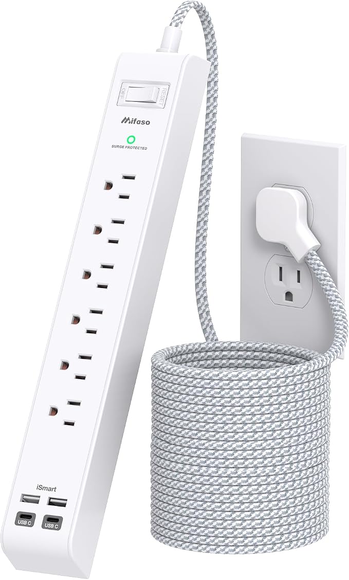 Flat Plug Extension Cord, Surge Protector Power Strip 15FT, 10-in-1 with 6 AC Outlets 4 USB Ports(2 USB-C), Extension Cord with Multiple Outlets, Wall Mountable, 1080J Surge Protection, White