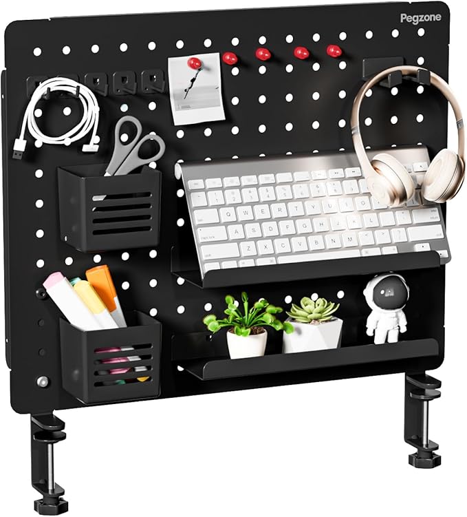 PEGZONE Clamp-on Desk Pegboard, Desk Organizer for Office Gaming Home, Magnetic Metal Peg Board with 15 Accessories, Privacy Panel, 20.4" x 16.5", Large, Black