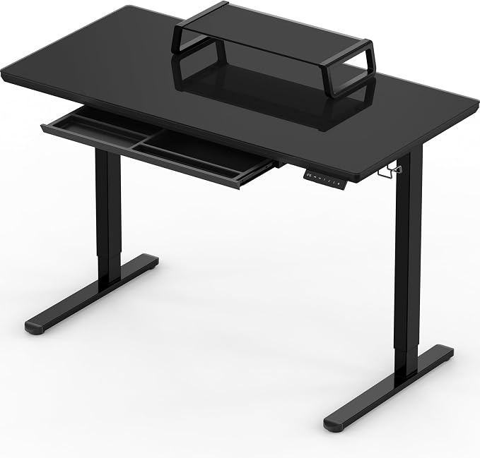 SHW 48-Inch Glass Electric Height Adjustable Standing Desk, Black | w/ Monitor Riser | Memory Presets and Cable Management | Drawer with Built-in Compartments | Hanging Hooks