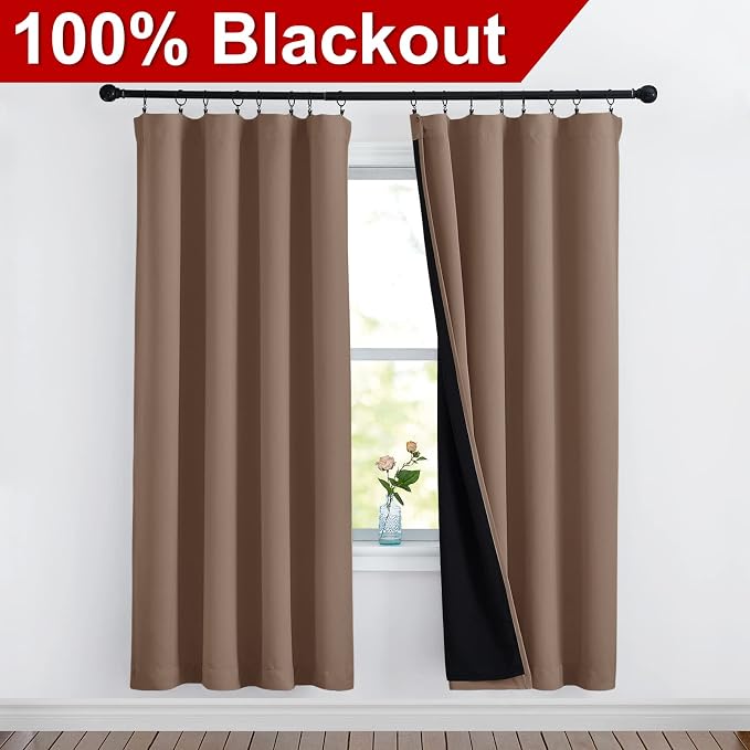 NICETOWN Living Room Completely Shaded Cold Blocking Draperies, Privacy Protection & Noise Reducing Drapes, Black Lined Insulated Window Treatment Curtain Panels(Cappuccino, 2 Pieces, W52 x L72)