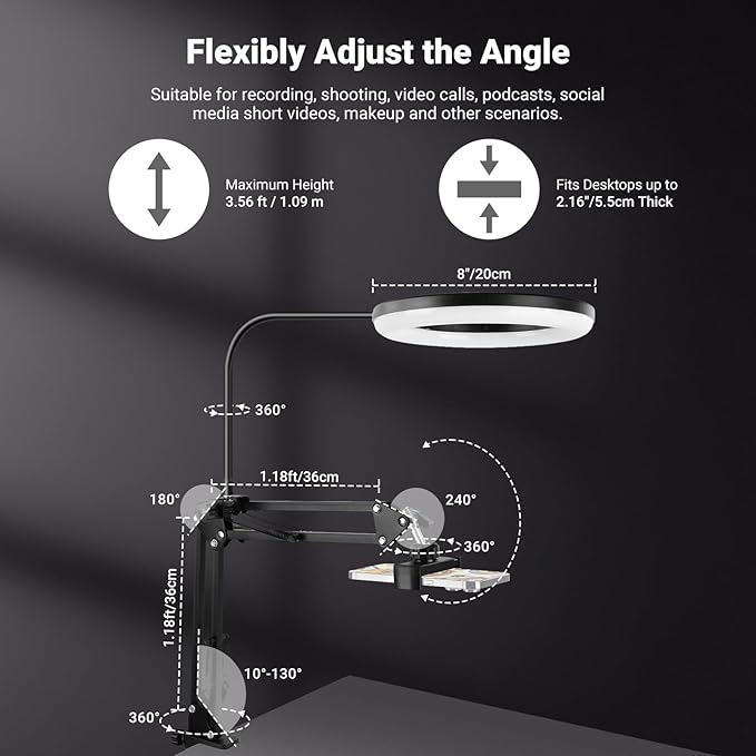 NEEWER Entry Level Version N41 8" LED Ring Light with Desk Clamp Stand/Remote, Overhead Phone Mount Holder Compatible with iPhone, Streaming Video Recording Selfie Nail Tech Food Photography Lighting
