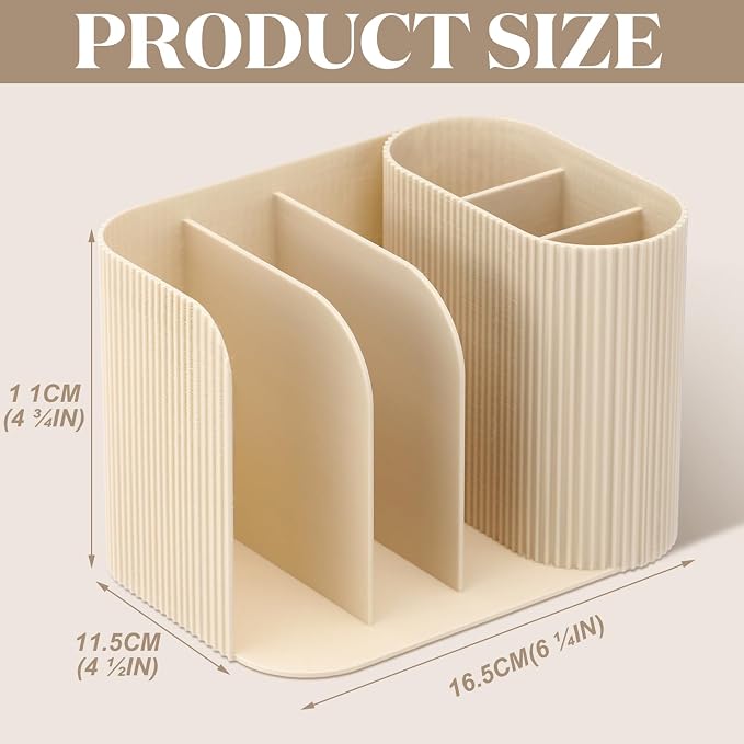 Ribbed Desk Organizer with 6 Compartments, Modern Aesthetic Desk Accessories for Men & Women, Cream Pen Holder Book Organizer Desktop Storage Caddy for Home Office School Workspace Decor