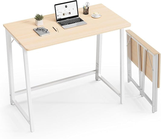 Simple Deluxe 31.5 Inch Folding Desk, Foldable Computer Table for Small Spaces, Metal Frame Gaming Writing Work Station, Mini Home Office Surface, White