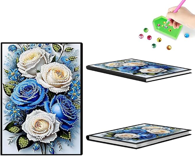 FRANDEK Pearl Painting Notebook Kit, Blue and White Rose A5 DIY Journal with 50 Blank Pages, Diamond Gem Art Cover with Waterproof Canvas, Beginner Craft Set with Full Tools for Adults