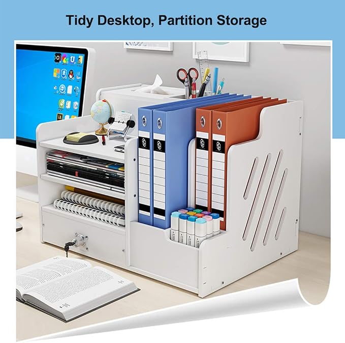 White Desktop Organizer, Multipurpose Desk Document File Tray Organizer Storage Display Shelf Rack for Home Office School(PB07-2)