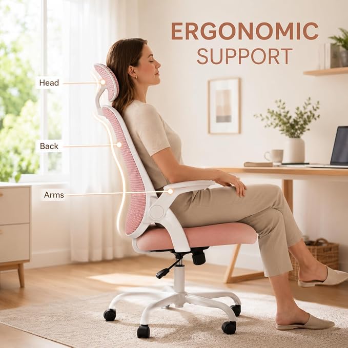 Pink Ergonomic Office Chair, High Back Mesh Desk Chair with Adjustable Headrest Lumbar Support, Computer Chairs with Flip-up Armrests and Thickened Cushion for Adults Home Office, 360° Swivel