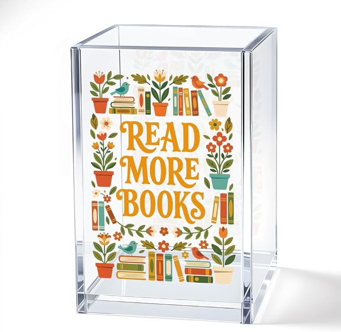 Read More Books Floral Acrylic Stationery Holder, Readers Book Lovers Clear Desktop Organizer for Office School Home Work Desk Accessories Gifts for Readers Teachers Women Girls
