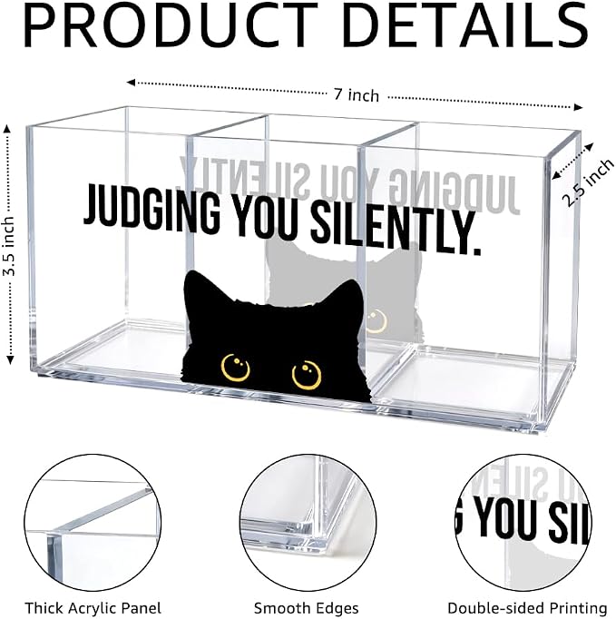 Judging You Silently Acrylic Pen Holder Organizer with 3 Compartments, Black Cat Desk Accessories for Work, Sarcastic Office Gifts for Cat Lover Coworker Manager, Employee Appreciation Gifts
