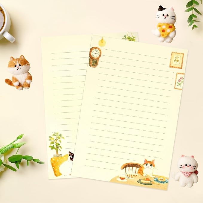 37 Pcs Stationery Paper Envelopes Set Includes 24 Lined Writing Paper & 12 Envelopes with 48 Colorful Round Dot Stickers, Cute Cat Letter Writing Stationery Paper Envelopes Gift (4Style)