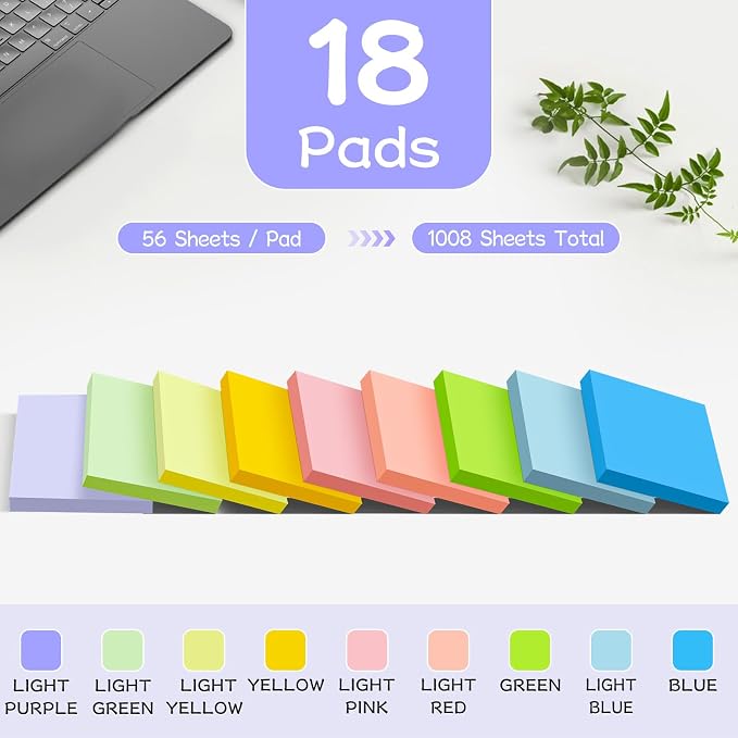 18-Pack Sticky Notes 3x3 Inch, 1008 Sheets Super Sticky Pastel Memo Pads, Recyclable Self-Stick Notes, 9 Soft Colors, Easy to Stick & Reposition for Office School Home