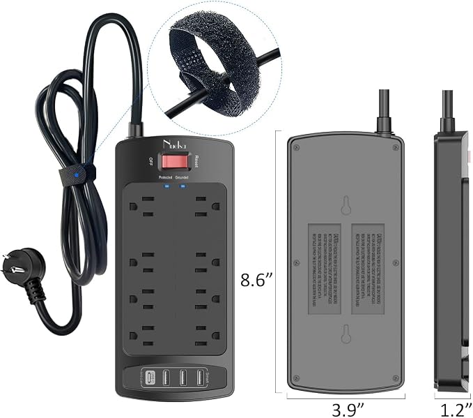 Surge Protector Power Strip - Nuetsa Flat Plug Extension Cord with 8 Outlets and 4 USB Ports, 20 Feet Power Cord, 2700 Joules, ETL Listed, Black