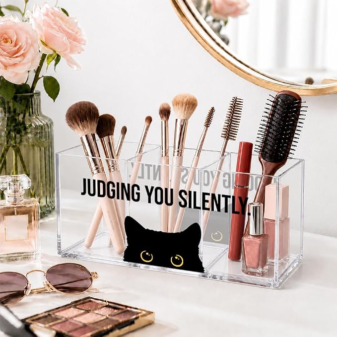 Judging You Silently Acrylic Pen Holder Organizer with 3 Compartments, Black Cat Desk Accessories for Work, Sarcastic Office Gifts for Cat Lover Coworker Manager, Employee Appreciation Gifts