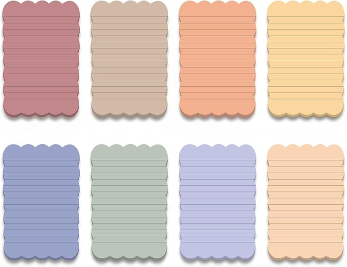 Eaasty 8 Pack Scalloped Sticky Notes Cute Adhesive Memo Pads Vintage Colors Aesthetic Lined Self Stick Note Pads 4" x 6" Pretty Wavy Sticky Notes Bulk 240 Sheets for School Office Supplies