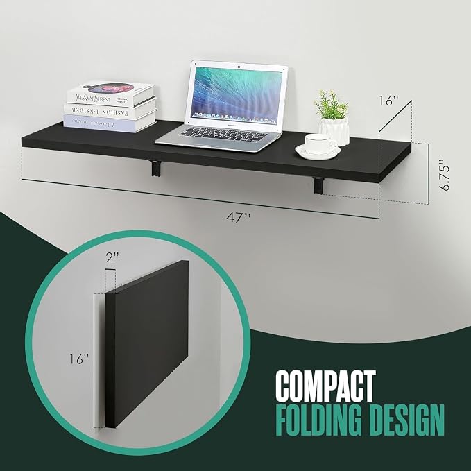Houseables Wall Mounted Desk, Murphy Desk, Wall Mounted Folding Table, Laundry Folding Table, Fold Down Work Bench, Foldable Mount Station, Floating Bar, Hanging, Dining, Kitchen, Clothes, 48x16 Black