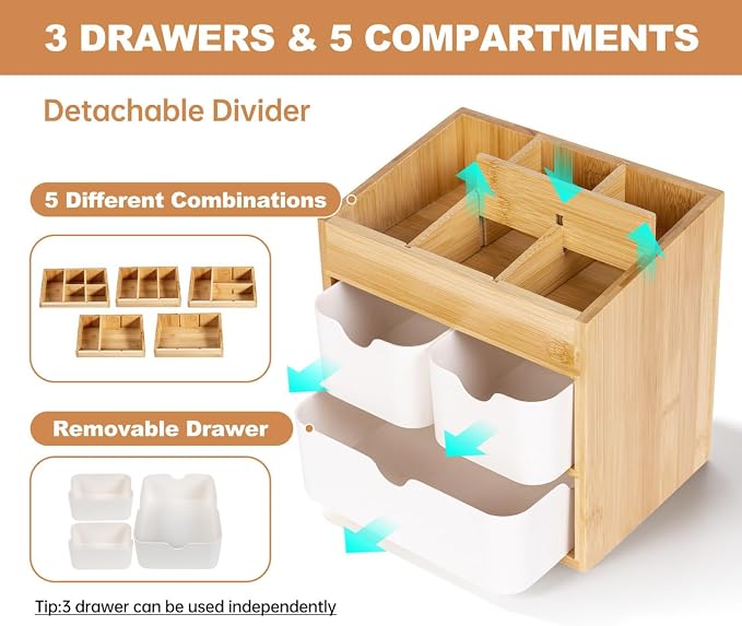 Bamboo Organizer with 3 Drawers, Small Organizer for Bathroom Countertop, Makeup Vanity Skincare/Cosmetic Organizer Box, Desktop Organization for Stationery, Adjustable & No Assembly Required