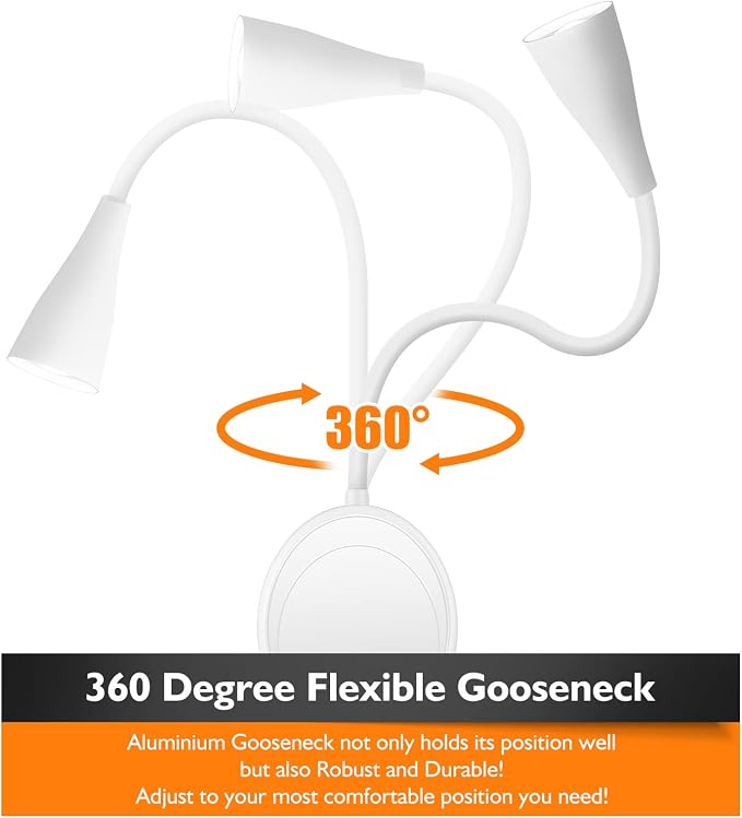 SANKEDOU LED Wall Mount Reading Light, Bedside Reading Lights with Touch Control, 5 Dimmable, USB Output, Night Light & Timers, Flexible Gooseneck Headboard Bed Lights wall Sconce (White-2P)