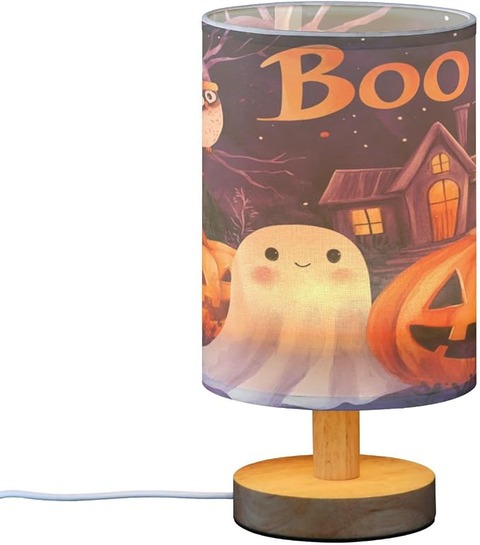 Dussdil Halloween Ghost Pumpkin Table Lamp Bedroom Bedside Night Reading Desk Lamps Bat Owl Cylinder Nightstand Sleeping Light Lamp for Kids Living Room Office Decor